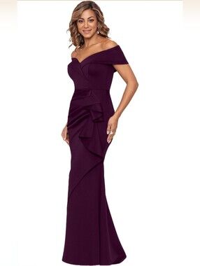 Xscape Off-Shoulder Plum Ruffle Gown